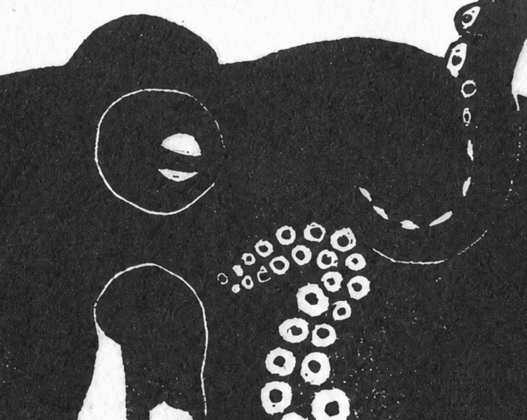 A detail of the upcoming Intelligent Design linocut, showing the central octopus form and tentacles