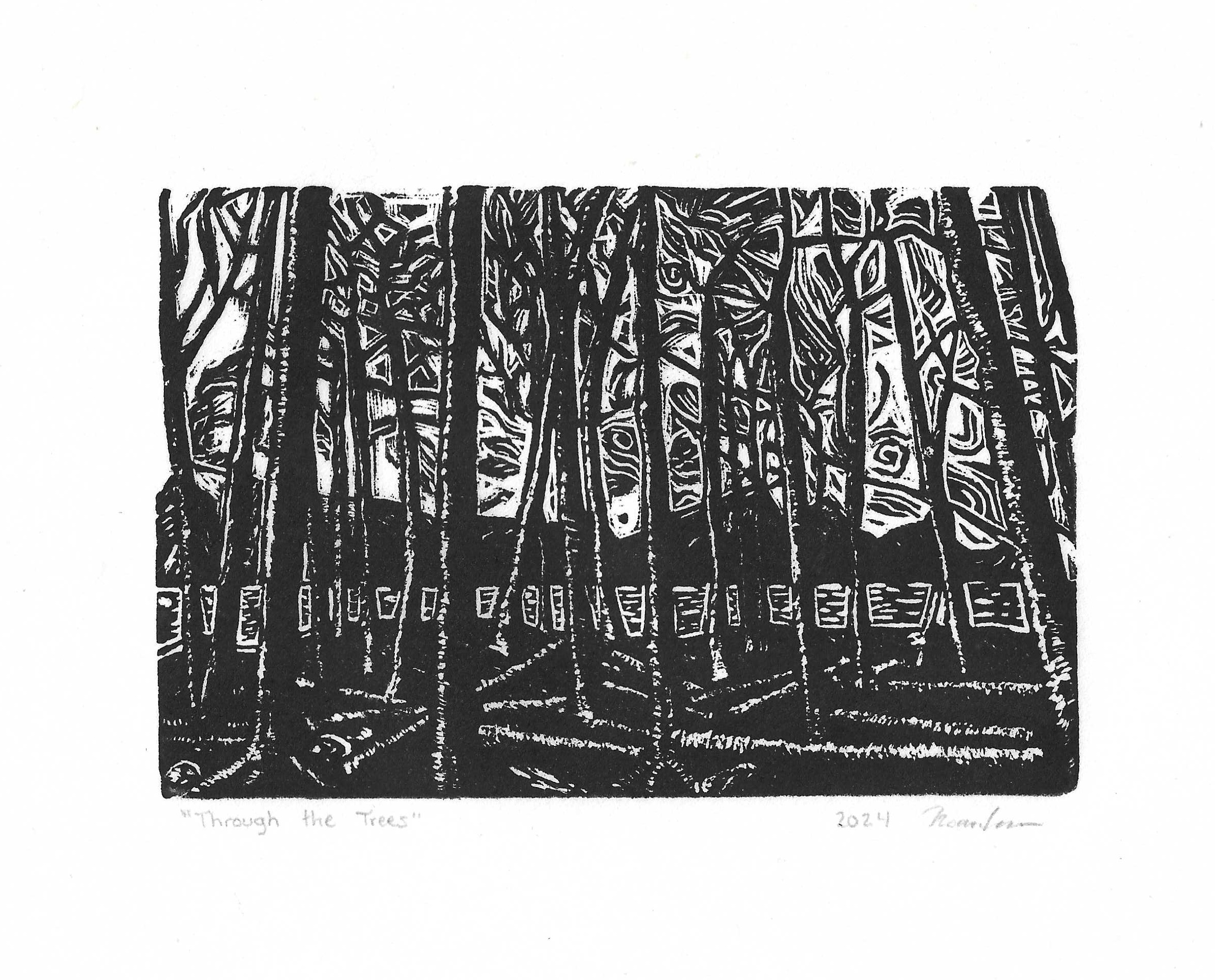 Through the Trees, a black-and-white linocut depicting a dense stand of trees